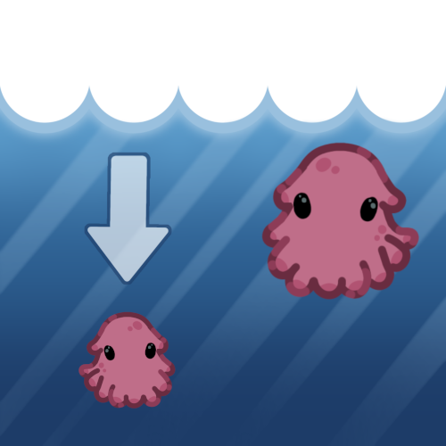 An image depicted with water. In it there is a small dumbo octopus in the upper right corner, in the lower left corner there is a much larger one. There is a light blue arrow pointing at the larger dumbo octopus